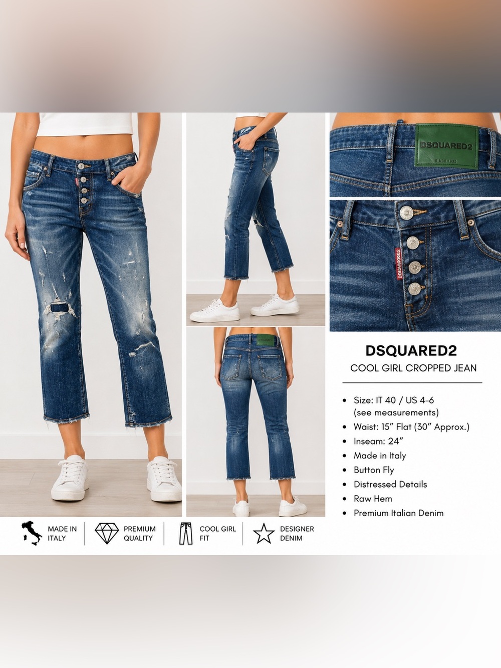 DSQUARED2 Cool Girl Cropped Jeans IT 40 Distressed Raw Hem Made In Italy